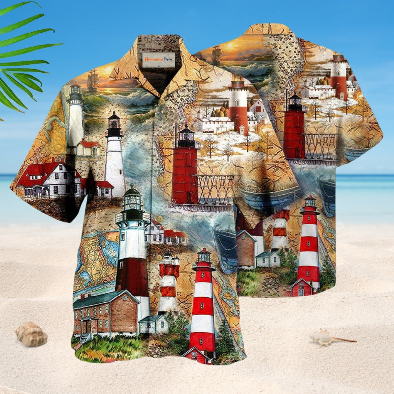 Lighthouse Past Hawaiian Shirt For Summer Vacation, Beach Travel, And Casual Wear