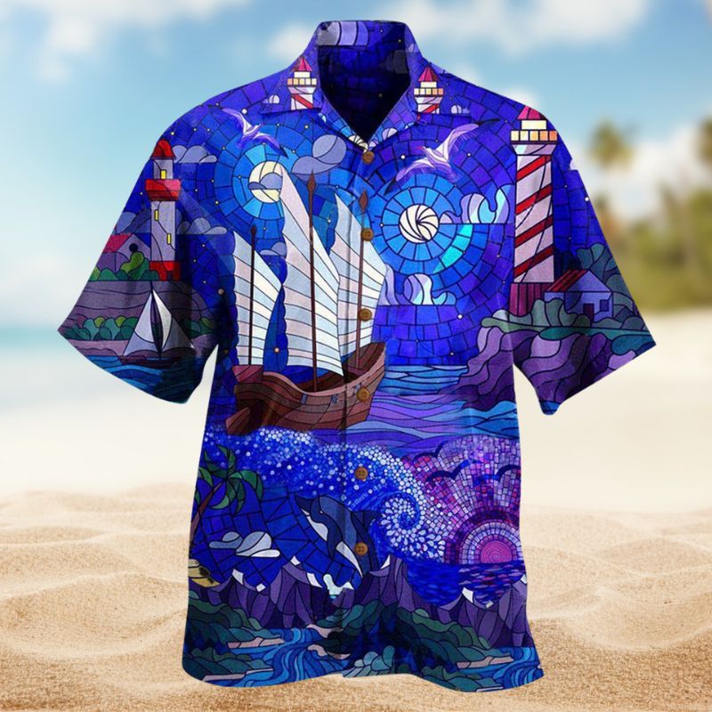 Lighthouse Stained Glass Hawaiian Shirt For Coastal Travel, Casual Events, And Comfortable Summer Wear