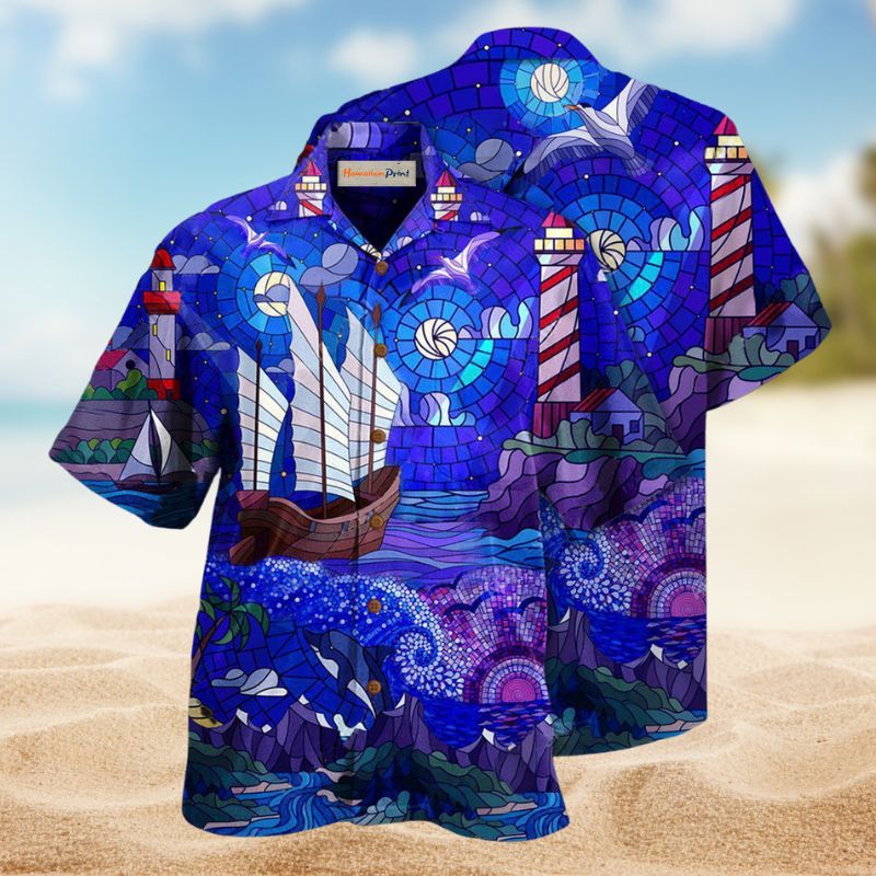 Lighthouse Stained Glass Hawaiian Shirt For Coastal Travel, Casual Events, And Comfortable Summer Wear