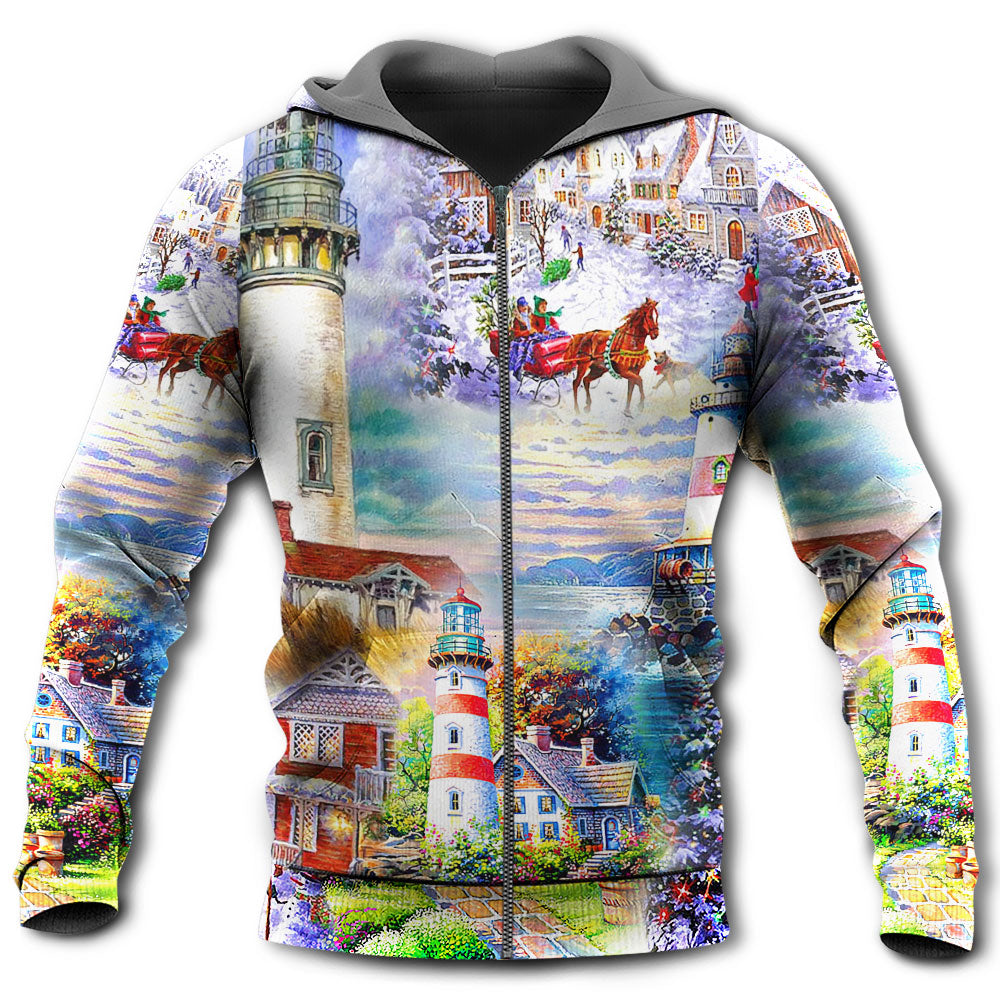 Lighthouse Christmas Light Hoodie For Festive Family Moments Winter Wear And Holiday Gift Ideas