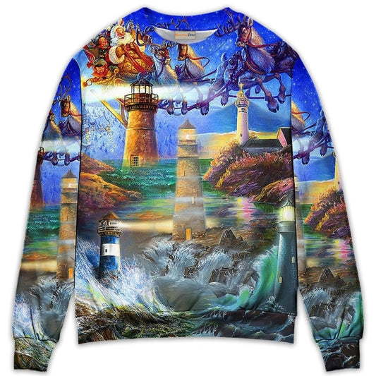 Lighthouse Christmas Santa Shine Like A Light Sweater For Seasonal Parties Cozy Gatherings And Thoughtful Holiday Gifts