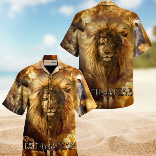 Lion Faith Over Fear Hawaiian Shirt For Meaningful Events Beach Trips And Relaxed Warm Weather Style