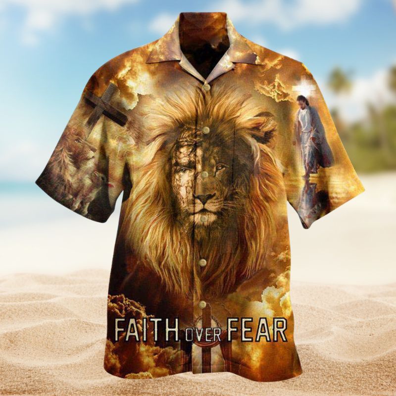 Lion Faith Over Fear Hawaiian Shirt For Meaningful Events Beach Trips And Relaxed Warm Weather Style