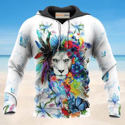 Lion Flowers Butterfly Pretty Hoodie For Animal Lovers Casual Streetwear Travel And Everyday Comfort