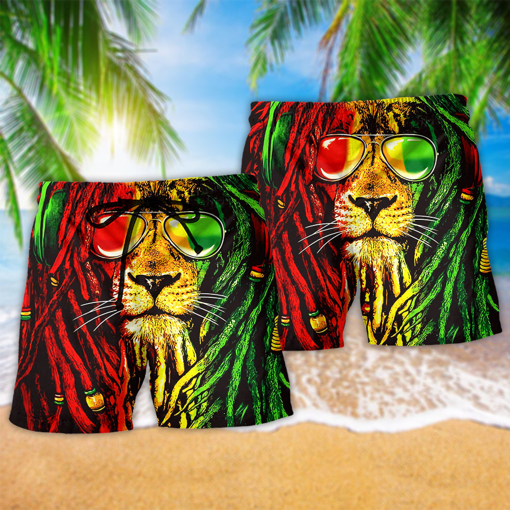 Lion Jamaica Inspired Red Color Beach Shorts Pattern Detail For Relaxed Warm Weather Outfits