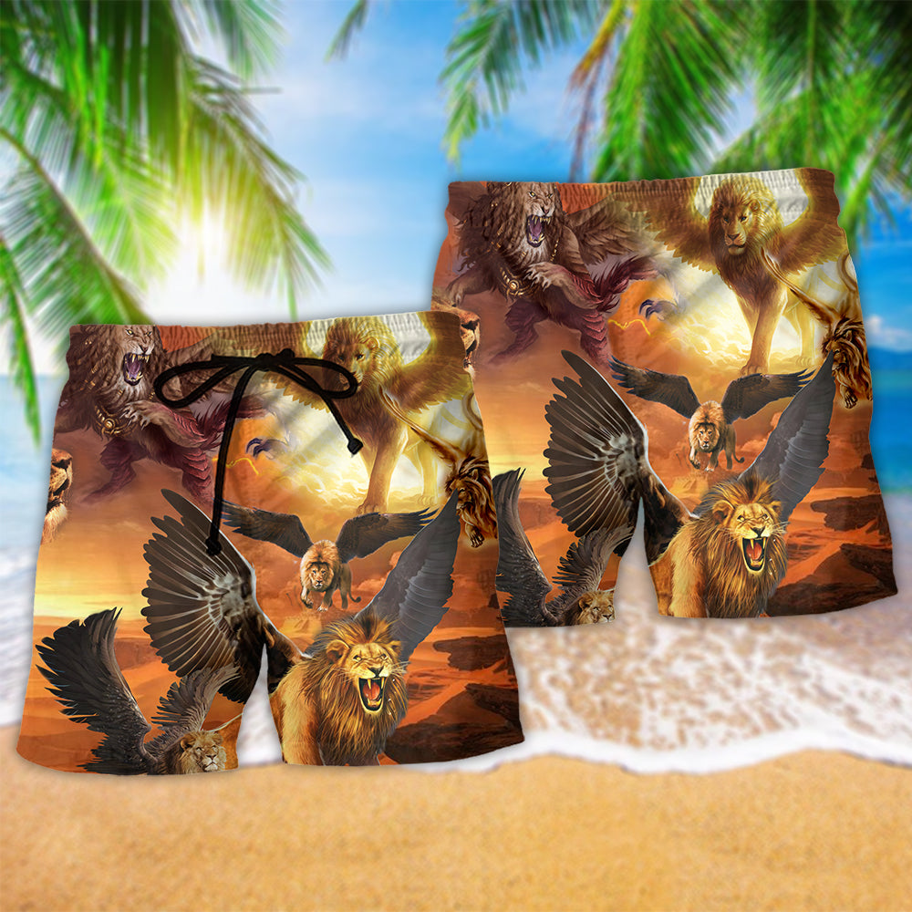 Lion Strength Beach Shorts Pattern Detail For Coastal Travel And Easy Warm Weather Wear
