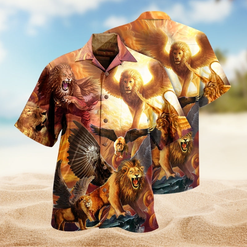 Lion Creative Pattern Hawaiian Shirt For Resort Trips, Coastal Parties, And Warm Weather Style