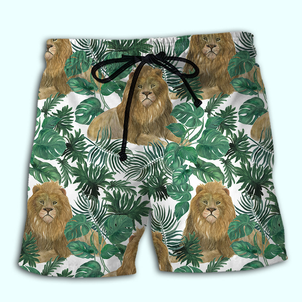 Lion Tropical Leaf Wildlife Beach Shorts Design Detail For Casual Warm Weather Outfits