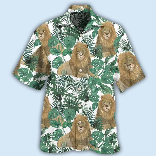 Tropical Lion Leaf Majestic Design Hawaiian Shirt For Nature Fans, Resort Trips, And Comfortable Warm Weather Wear