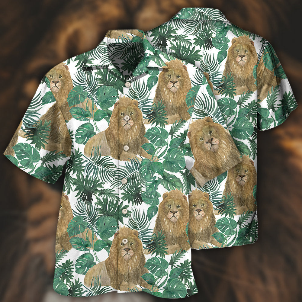 Tropical Lion Leaf Majestic Design Hawaiian Shirt For Nature Fans, Resort Trips, And Comfortable Warm Weather Wear