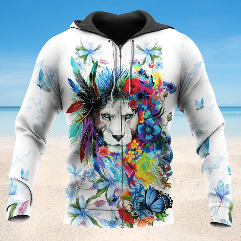Lion Flowers Butterfly Pretty Hoodie For Animal Lovers Casual Streetwear Travel And Everyday Comfort