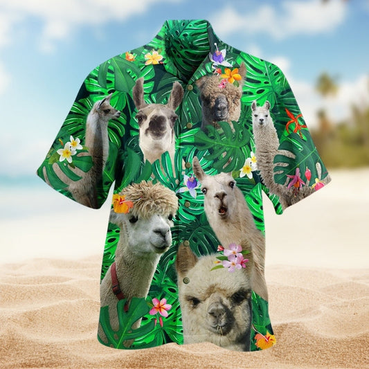Cute Llama Green Hawaiian Shirt For Coastal Travel, Casual Events, And Comfortable Summer Wear