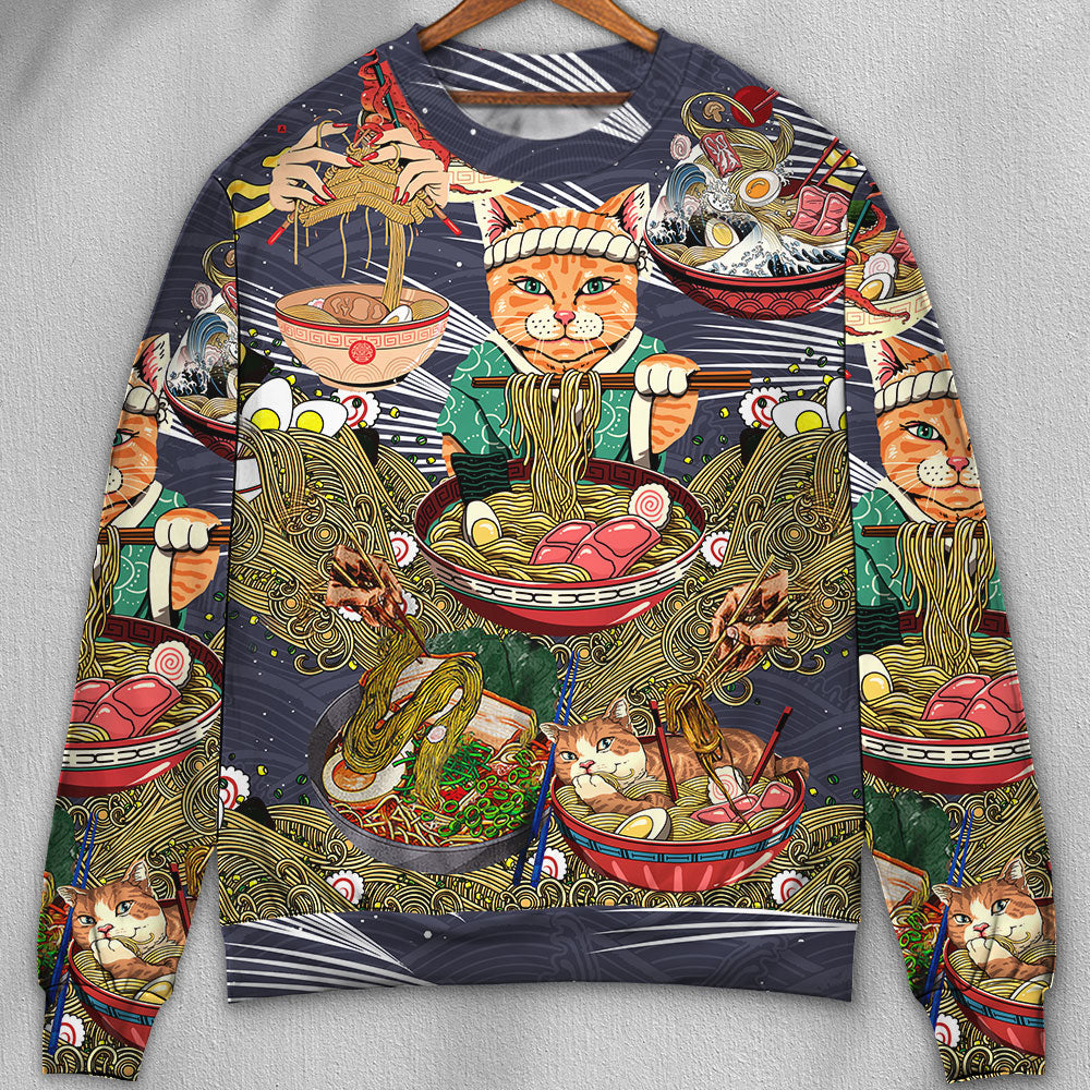 Cat Eating Ramen Sweater For Outdoor Activities Weekend Trips And Relaxed Everyday Outfits