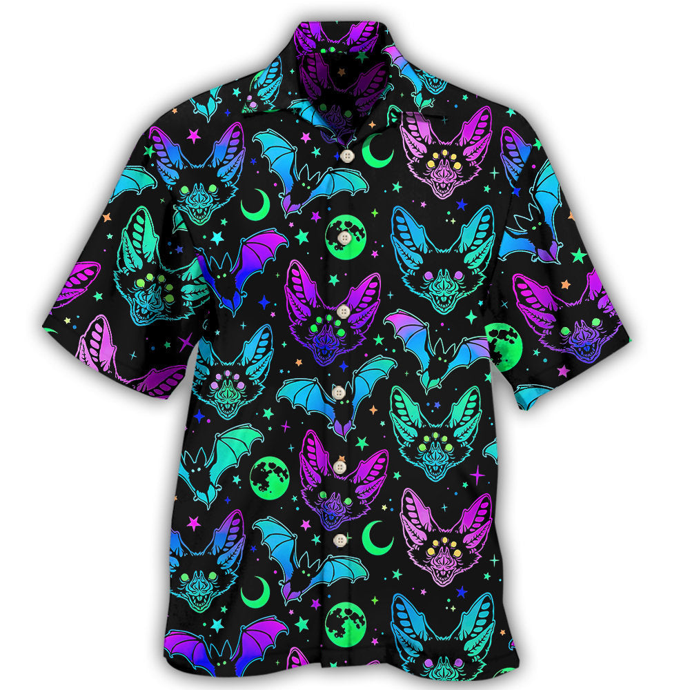 Fantasy Creative Neon Bat Magic Hawaiian Shirt For Spooky Events, Resort Travel, And Creative Warm Weather Wear