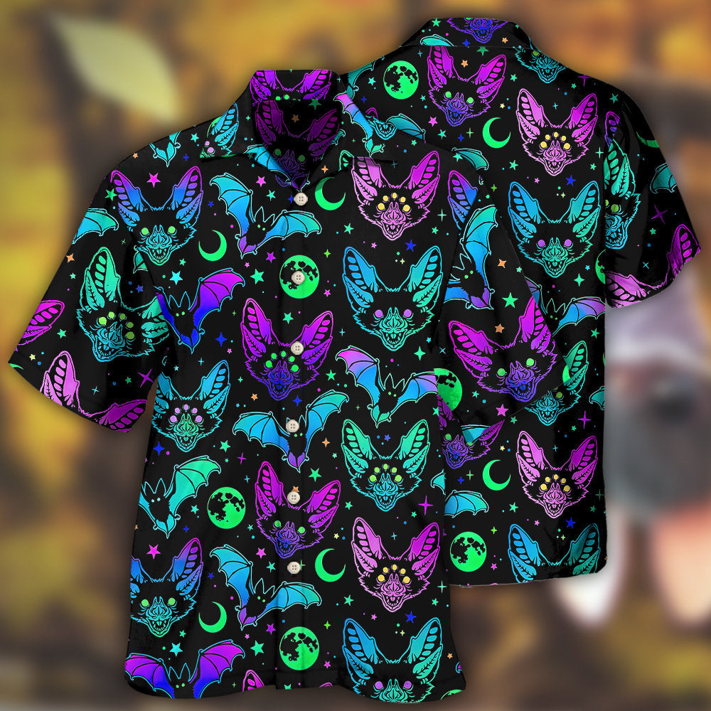 Fantasy Creative Neon Bat Magic Hawaiian Shirt For Spooky Events, Resort Travel, And Creative Warm Weather Wear