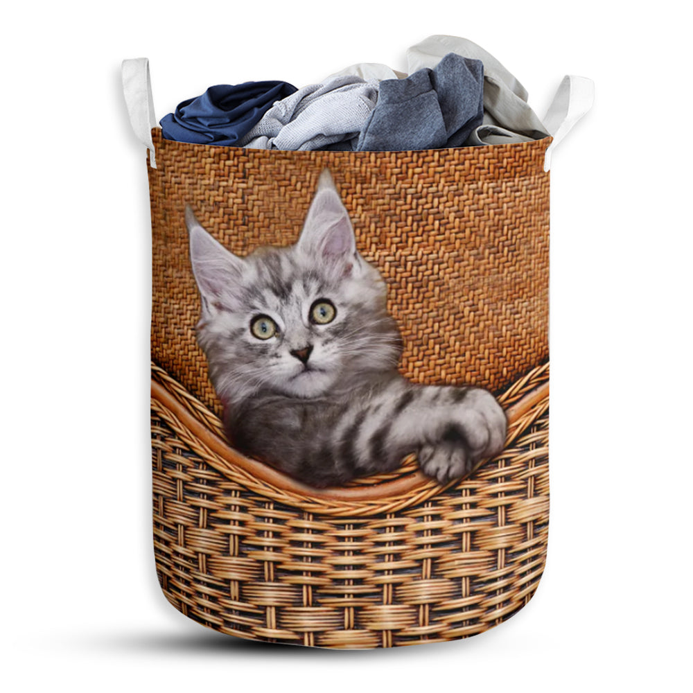 Maine Coon Cat Rattan Texture Laundry Basket For Bathroom Bedroom Storage