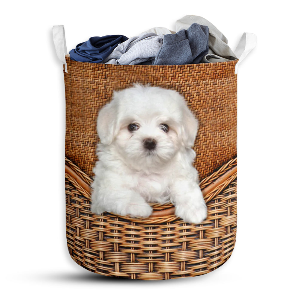 Maltese Dog Rattan Texture Laundry Basket For Bathroom Bedroom Storage