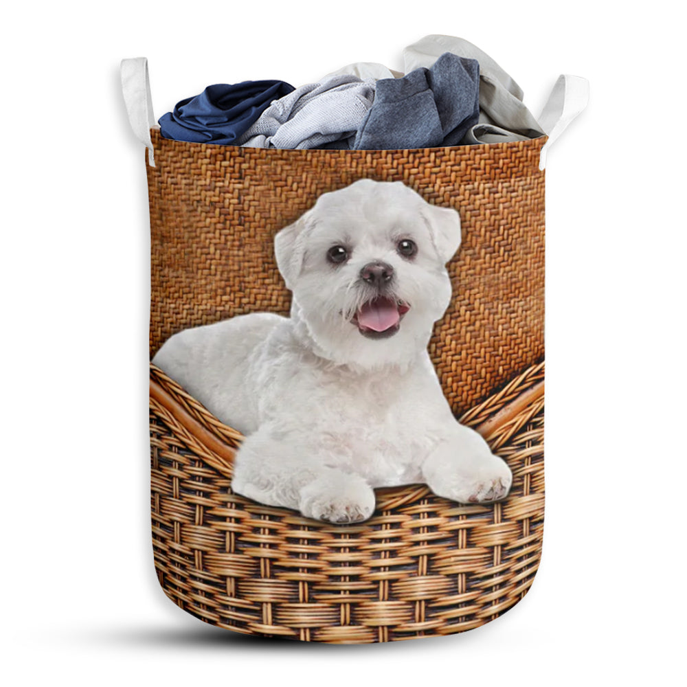 Maltese Shitzu Dog Rattan Texture Laundry Basket For Bathroom Bedroom Storage