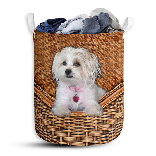 Maltese Terrier Dog Rattan Texture Laundry Basket For Bathroom Bedroom Storage