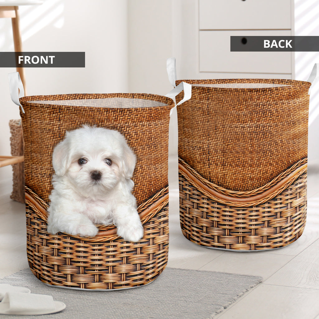 Maltese Dog Rattan Texture Laundry Basket For Room Home Organizer