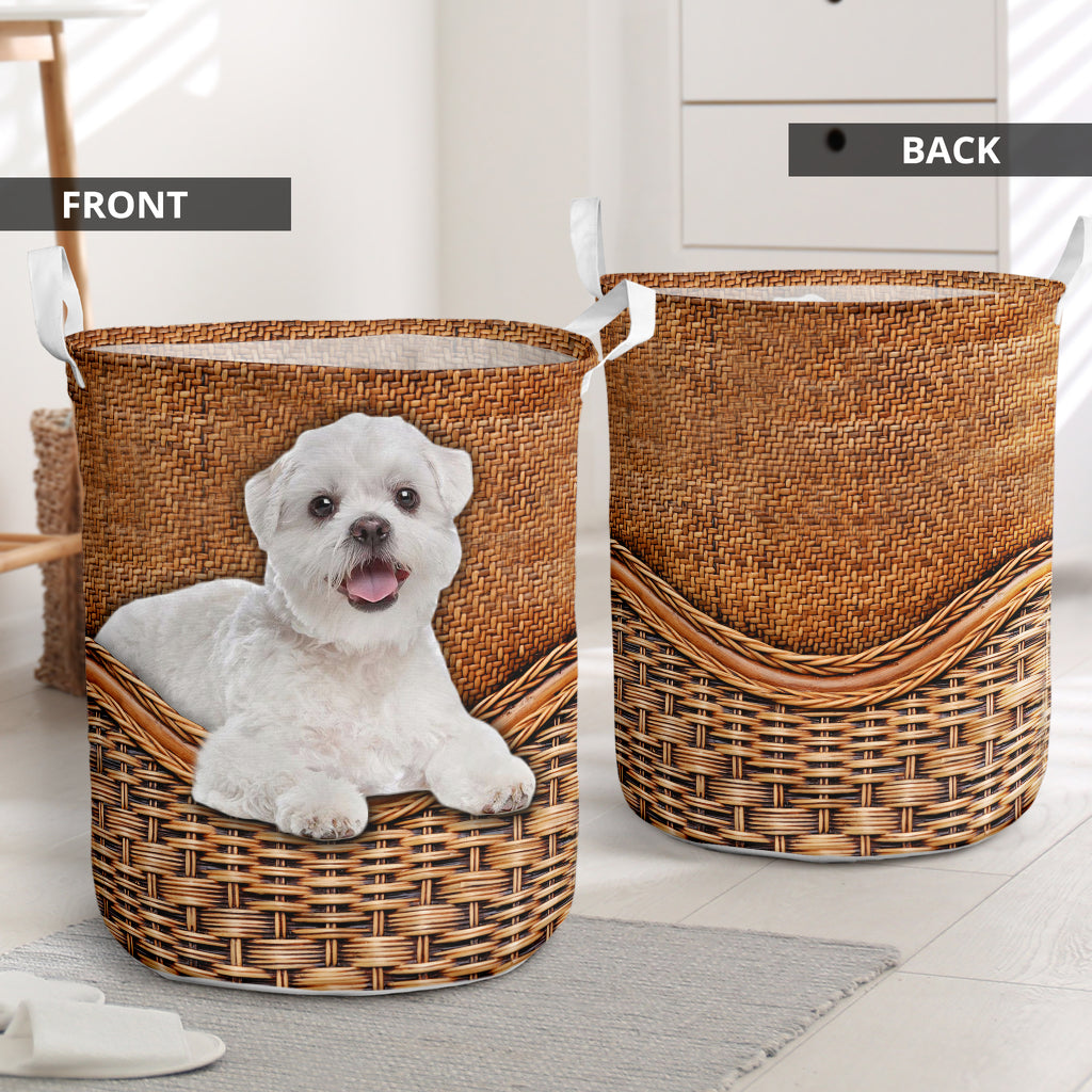 Maltese Shitzu Dog Rattan Texture Laundry Basket For Room Home Organizer
