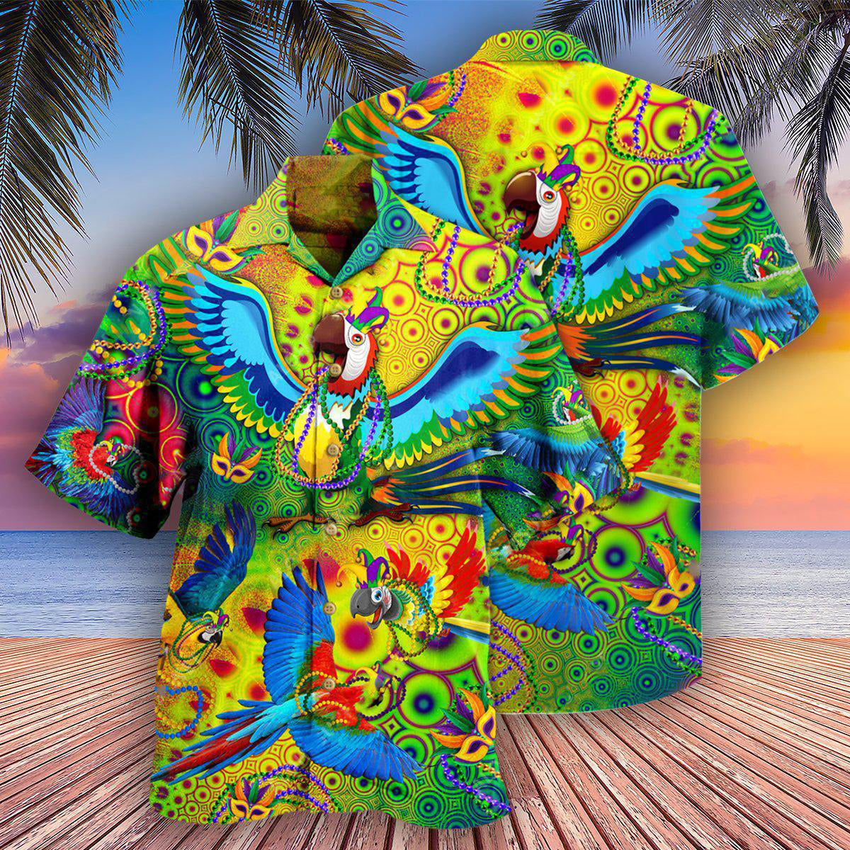 Parrot Mardi Gras Hawaiian Shirt Pattern View For Lightweight Everyday Style