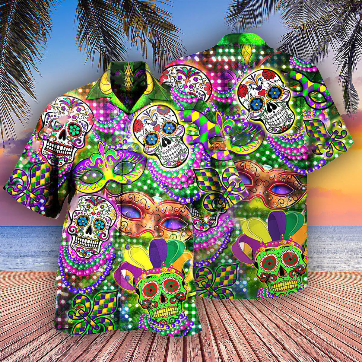 Skull Mardi Gras Hawaiian Shirt For Resort Getaways And Comfortable Summer Activities