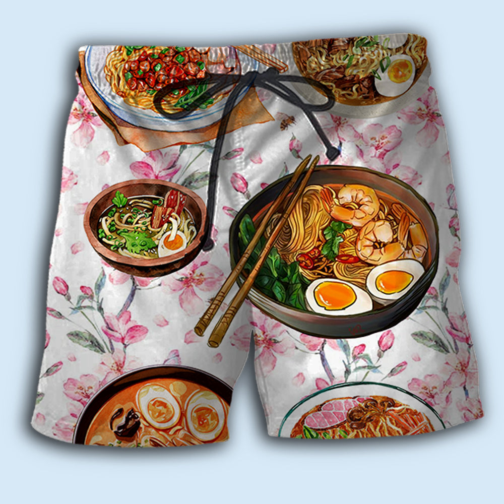 Ramen Floral Artistic Food Beach Shorts Artwork Detail For Comfortable Everyday Summer Wear
