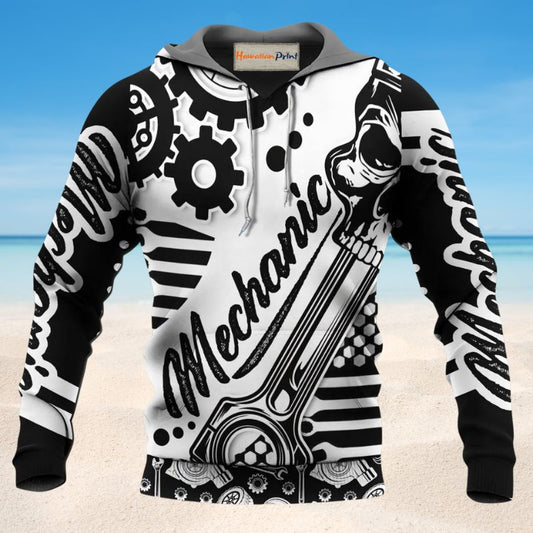 Black White Mechanic Hoodie For Casual Outfits Outdoor Trips And Comfortable Layering