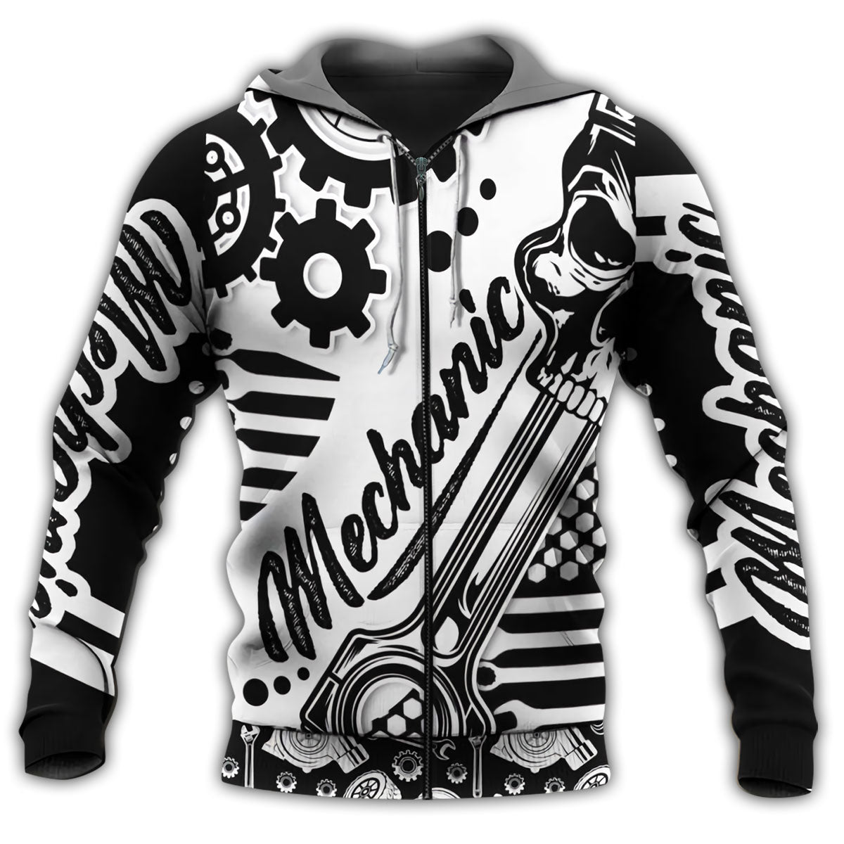 Black White Mechanic Hoodie For Casual Outfits Outdoor Trips And Comfortable Layering