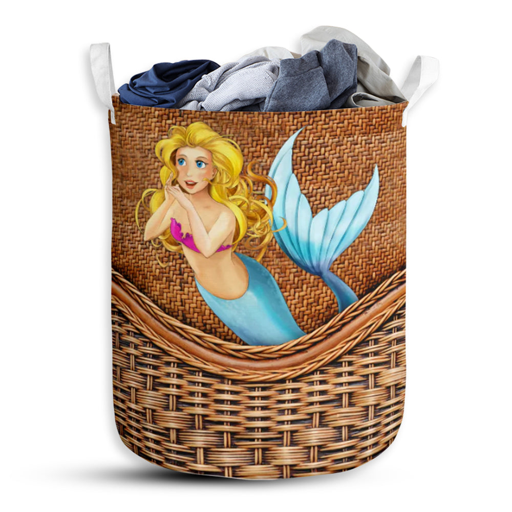 Mermaid Cute Spaniel Rattan Texture Laundry Basket For Bathroom Bedroom Storage