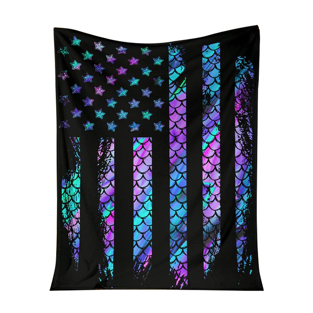 Mermaid American Flag Flannel Blanket For Cozy Bedroom Sofa Decor