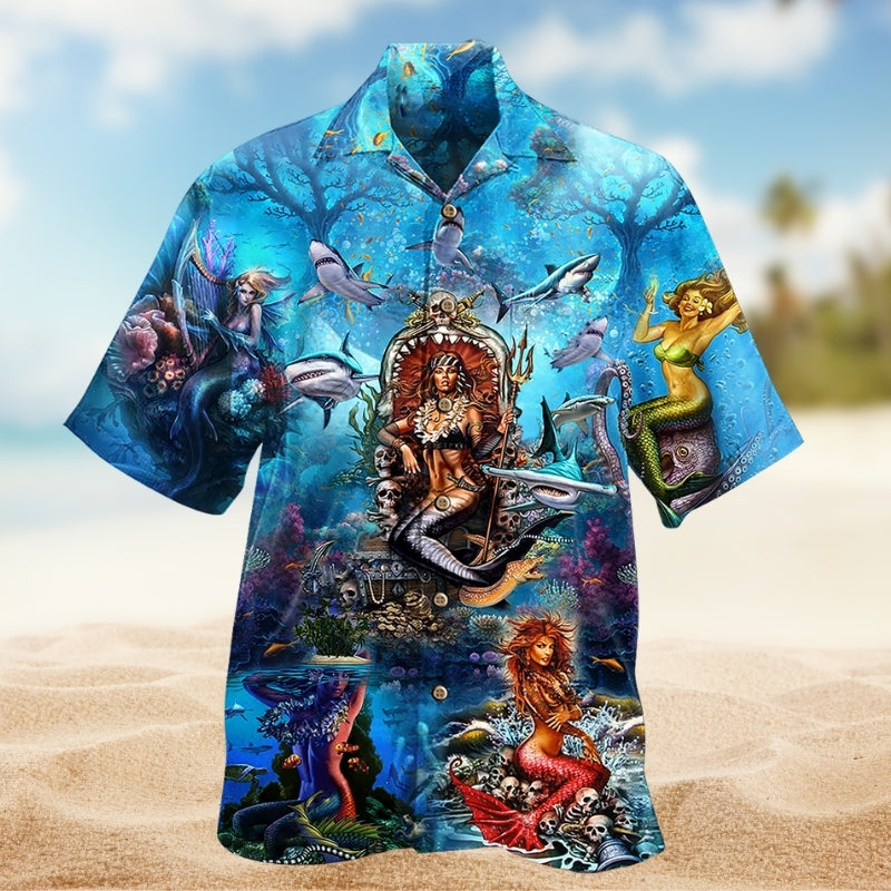 Mermaid Skull Hawaiian Shirt For Resort Trips, Coastal Parties, And Warm Weather Style