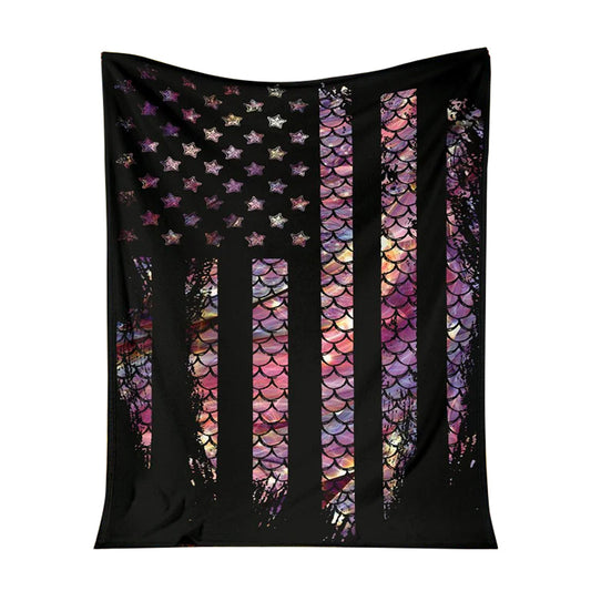 Mermaid Scales American Flag Flannel Blanket For Cozy Bedroom Sofa Decor