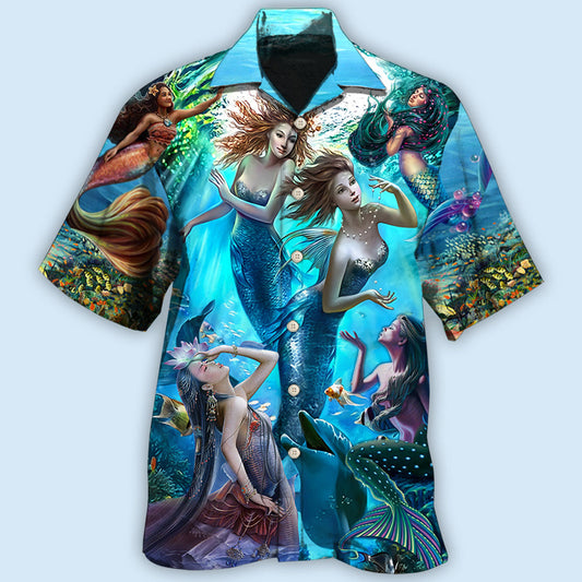 Mermaid Dolphin Ocean Blue Hawaiian Shirt For Coastal Travel, Casual Events, And Comfortable Summer Wear