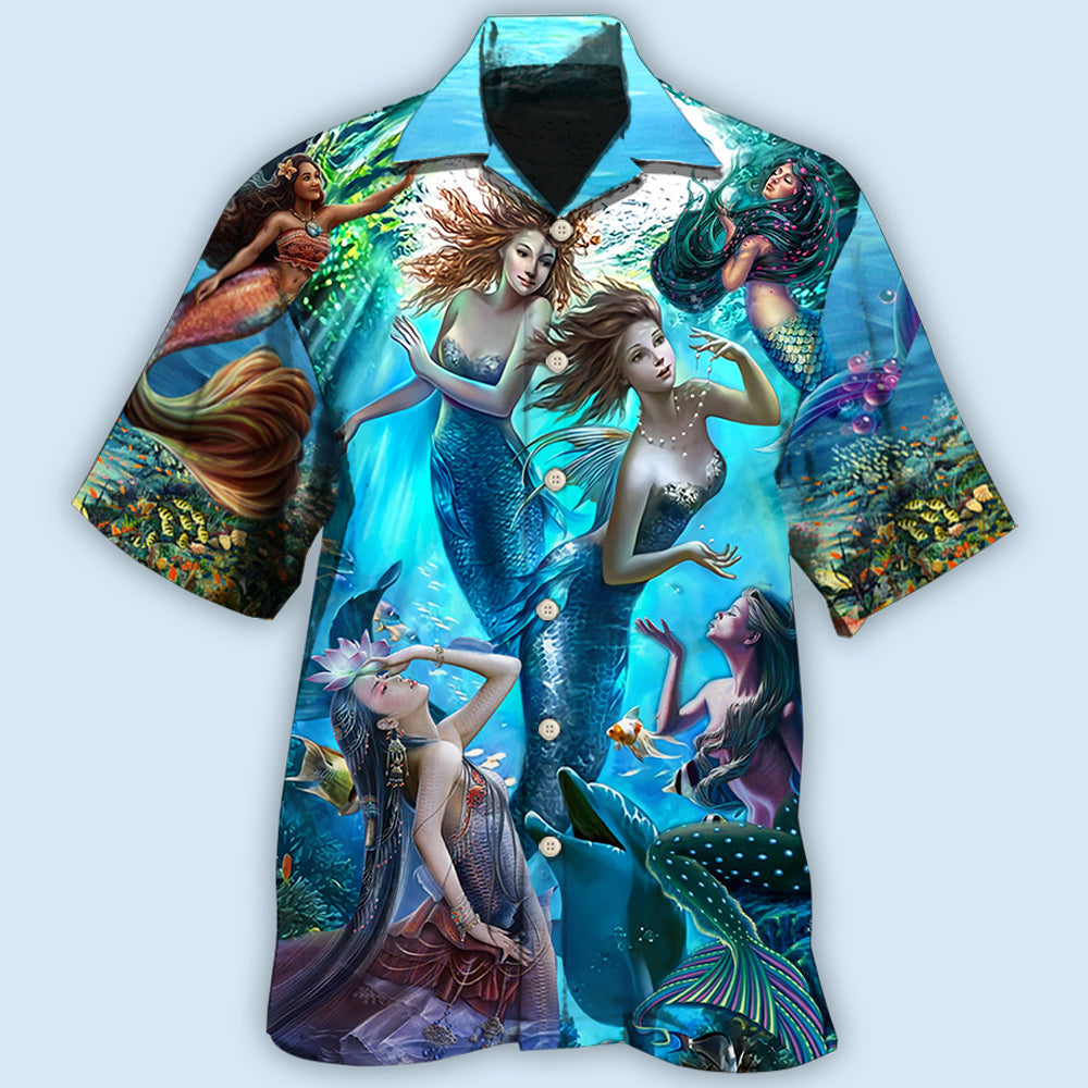 Blue Mermaid Dolphin Fresh Ocean Hawaiian Shirt Artwork View For Coastal Escapes And Resort Style