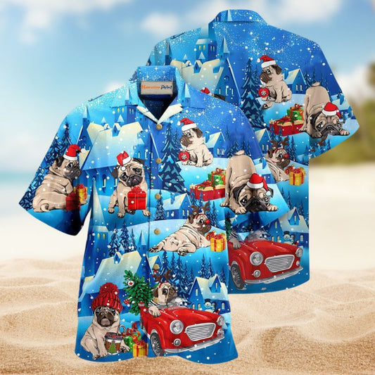 Merry Christmas With My Pug Hawaiian Shirt For Summer Vacation Beach Travel And Relaxed Casual Wear