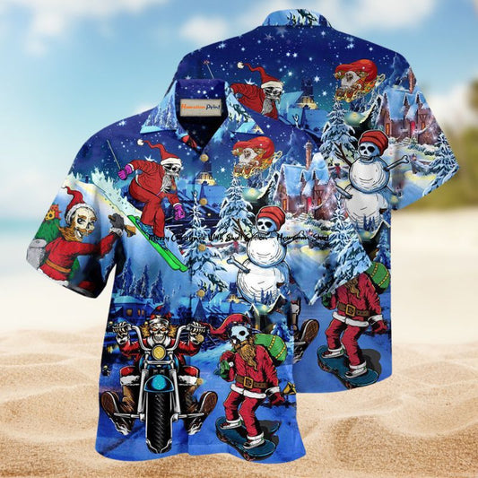 Merry Christmas With Skull Hawaiian Shirt For Tropical Holidays Resort Trips And Everyday Summer Style