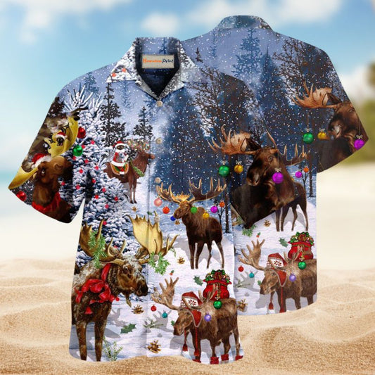 Merry Christmas Moose Hawaiian Shirt For Summer Gatherings Island Travel And Comfortable Casual Wear