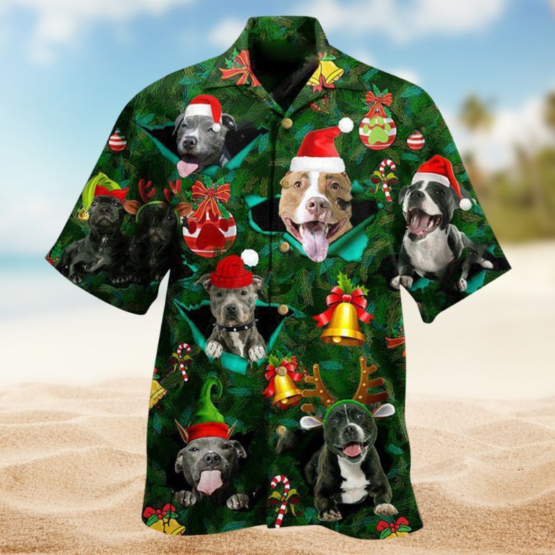 Merry Christmas Pitbull Hawaiian Shirt For Island Getaways Holiday Parties And Relaxed Vacation Wear