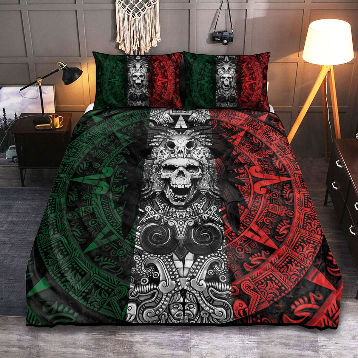 Mexican Aztec Skull Warrior With Dark Colors Bedding Cover For Gothic Bedroom Decor