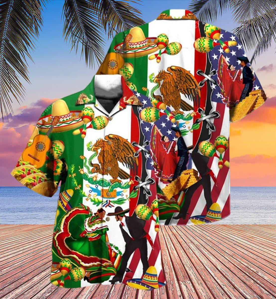 Mexican American Heritage Hawaiian Shirt With All Over Print For Coastal Vacations Warm Weather Events And Daily Style