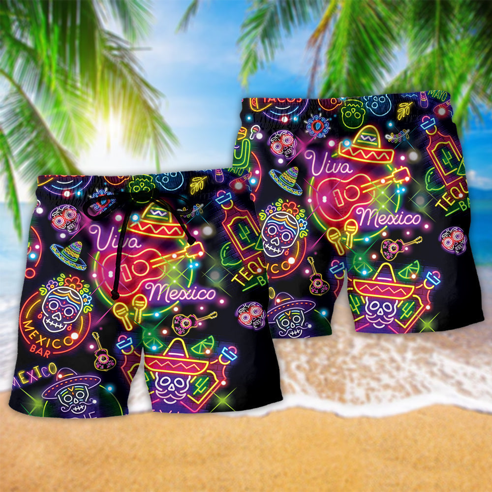 Mexico Neon Color Style Colorful Hawaiian Print Beach Shorts For Beach Getaways And Comfortable Summer Wear