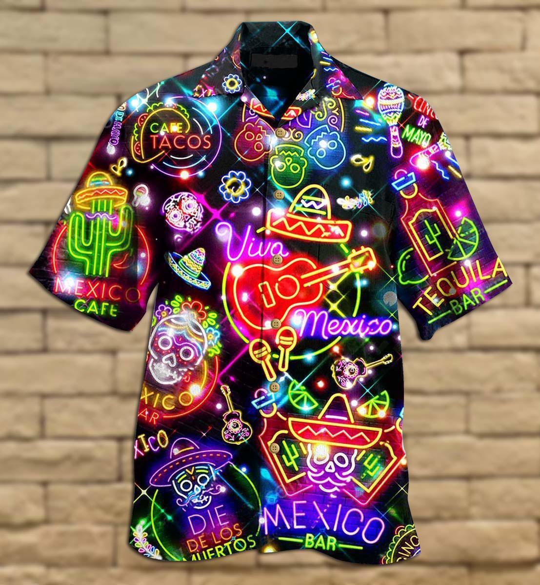 Neon Mexico Hawaiian Shirt Artwork Detail For Resort Trips And Outdoor Activities