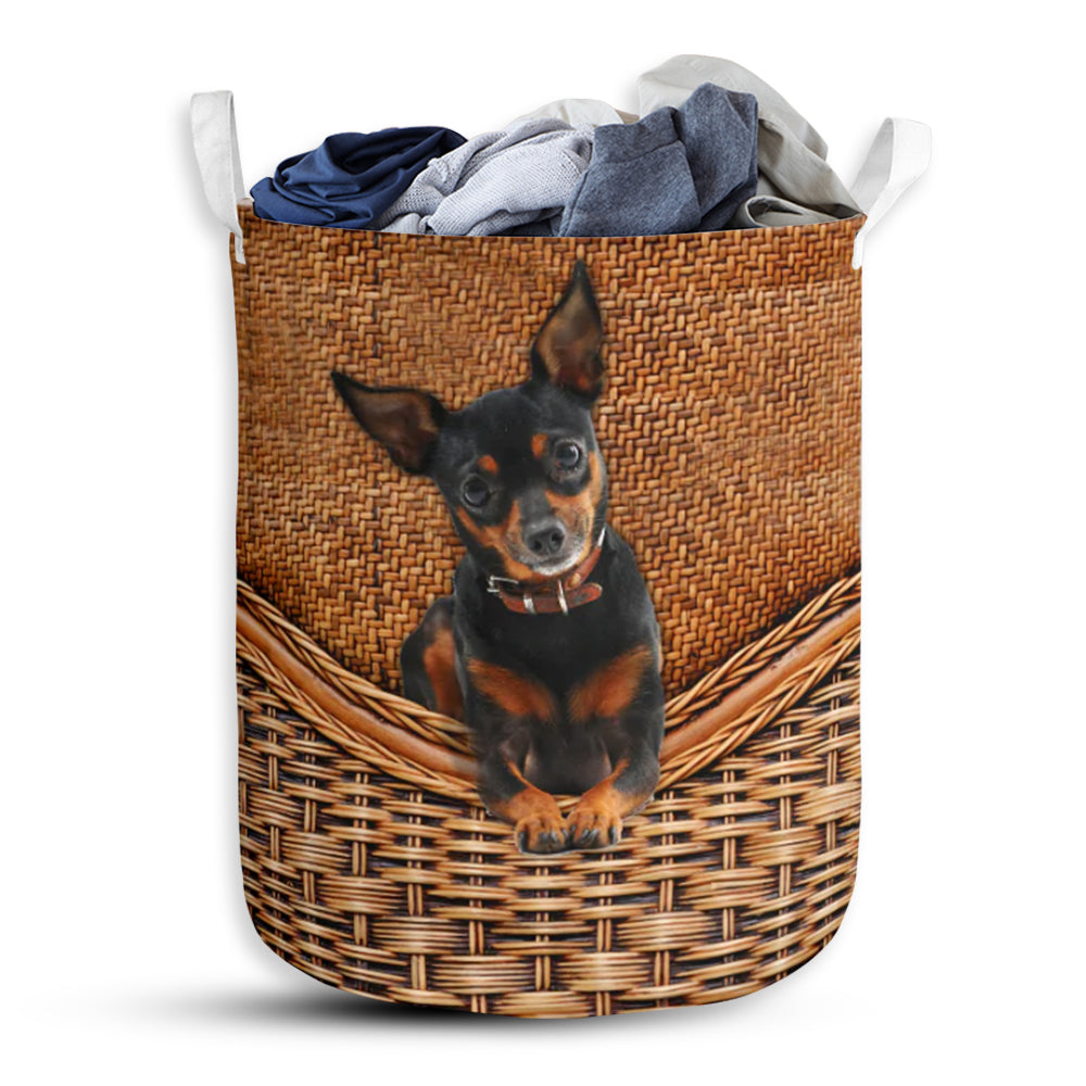 Miniature Pinscher Dog Rattan Texture Laundry Basket For Bathroom Bedroom Storage
