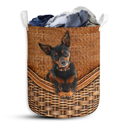Miniature Pinscher Dog Rattan Texture Laundry Basket For Bathroom Bedroom Storage