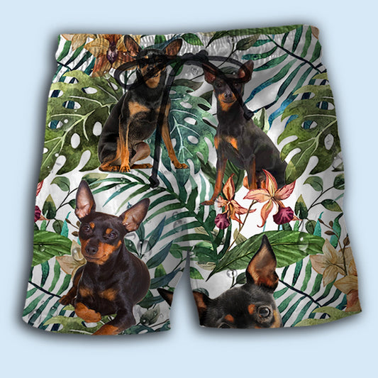 Miniature Pinscher Tropical Leaf Beach Shorts For Tropical Vacation And Coastal Travel
