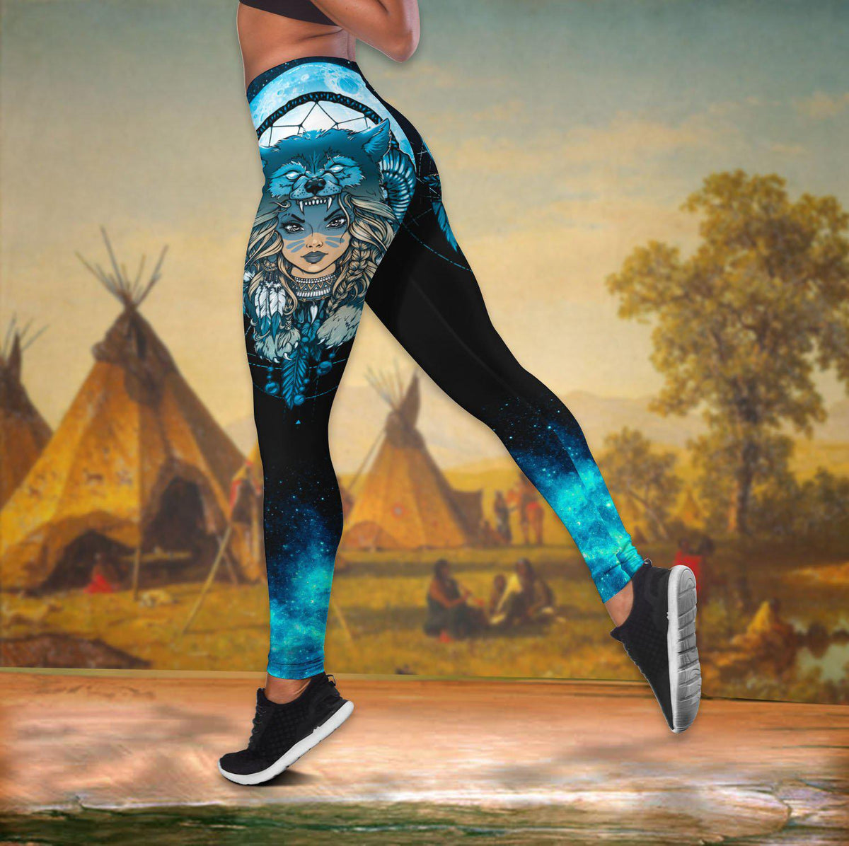 Native Girl Wolf Dreamcatcher Blue Hollow Tank Top For Yoga Workouts And Festival Wear