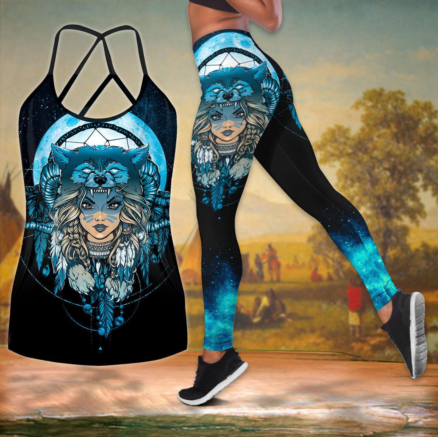 Native Girl Wolf Dreamcatcher Blue Hollow Tank Top For Yoga Workouts And Festival Wear