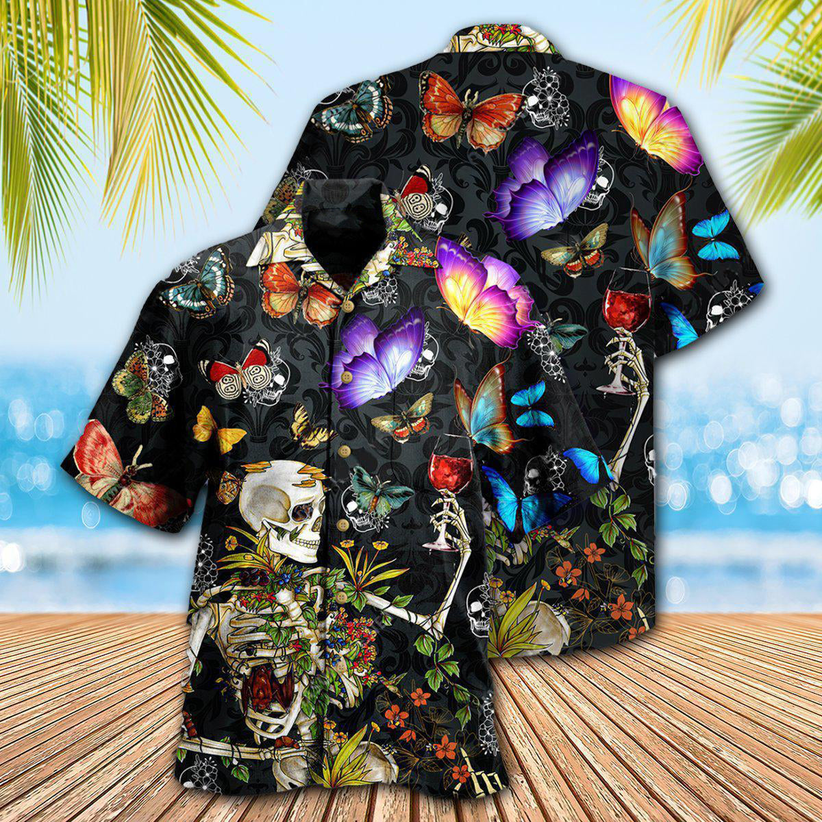 Skull And Butterfly Hawaiian Shirt With All Over Print For Beach Parties Vacation Travel And Relaxed Casual Style